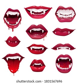 Vampire mouths and teeth vector set of Halloween horror holiday monsters. Sexy female lips with fangs, blood drops and tongues, red lipstick open mouths and smiles of witches or beast creatures
