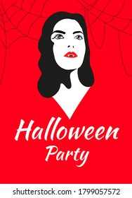 Vampiro con estilo gráfico negro y telaraña en los lados sobre un fondo rojo con la inscripción fiesta de halloween. Adecuado para invitaciones, afiches, pancartas y afiches
