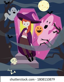 Vampire on cemetery at night.  Cute vampire in coffin. Ghosts flying near the coffin. Helloween poster design . 