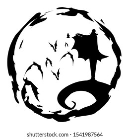 vampire on the cliff releasing bats from his coat, vector Halloween illustration