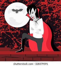 vampire on the wall looking for victim at scaring night - funny cartoon
