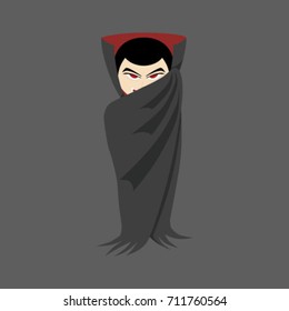 a vampire with open red eyes and white fangs standing in black robes covering part of his face for a halloween party, a vampire with open red eyes and white fangs standing in black robes covering part