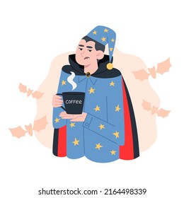 Vampire in pajamas drinking coffee