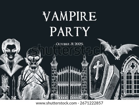 Vampire party invitation design. Halloween hand drawn vector illustration on chalkboard. Gothic background. NOT AI generated