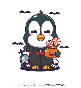 Pingüino de vampiros con calabaza de halloween. Ilustración de dibujos animados de Halloween.