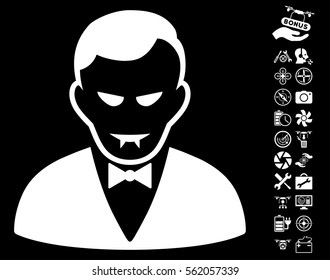 Vampire pictograph with bonus copter service graphic icons. Vector illustration style is flat iconic white symbols on black background.