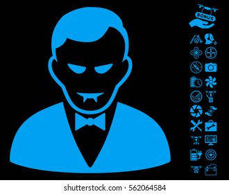 Vampire pictograph with bonus nanocopter service graphic icons. Vector illustration style is flat iconic blue symbols on black background.
