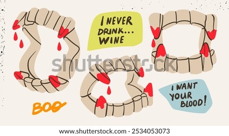 Vampire plastic Jaws with blood drops. Fake Dracula teeth with fangs. Hand drawn modern Vector illustration. Isolated design elements. Halloween party, costume, decoration, kids toy concept
