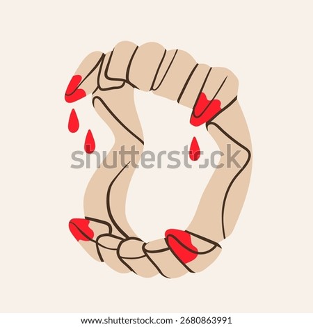 Vampire plastic Jaws with blood drops. Fake Dracula teeth with fangs. Hand drawn modern Vector illustration. Isolated design element. Print, logo, sticker template. Halloween, party concept