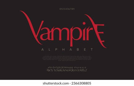 Vampire Premium elegante Alphabet Buchstaben und Zahlen. Elegante Hochzeitstypografie klassische Serif Schriftart dekorative Vintage Retro. Kreative Vektorgrafik