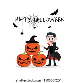 vampire pumpkin and bat.Halloween concept flat vector illustration.