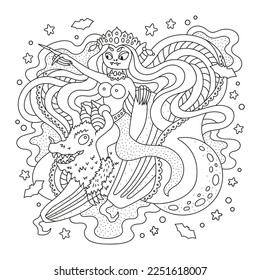 Vampire queen riding giant bat. Halloween night. Cute monster girl. Coloring page for adults. Cartoon vector illustration. Black lines. Isolated on white. Outlined hand drawn artwork. Clipart