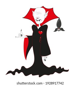 A vampire with a red heart. A vampire with a bat. The vampire asks to drink blood. Vampire on Halloween
