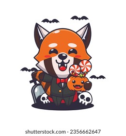 Vampire red panda holding halloween pumpkin. Cute halloween cartoon illustration. 