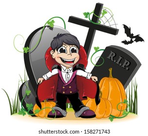 Vampire and  ripe pumpkins on the old cemetery. Isolated on white background