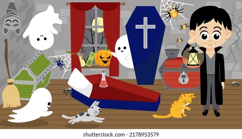 Vampire. Room of vampire. Halloween. Ghost, cat, coffin. Cartoon, flat. Isolated vector illustration eps 10
