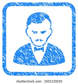 Vampire rubber seal stamp imitation. Icon vector symbol with grunge design and dust texture in rounded square. Scratched blue emblem on a white background.