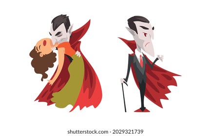 Vampire Set, Count Dracula Character Wearing Black and Red Cape, Happy Halloween Concept Cartoon Vector Illustration