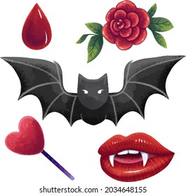 vampire set of illustrations for Halloween a bat, a rose, a drop of blood, lips with fangs, a lollipop heart on a stick