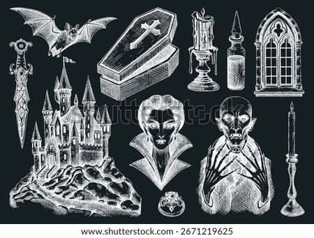 Vampire sketches set. Halloween hand drawn vector illustration. Gothic design elements on chalkboard. NOT AI generate