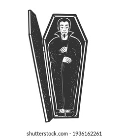 Vampire sleeping in a coffin sketch engraving vector illustration. T-shirt apparel print design. Scratch board imitation. Black and white hand drawn image.