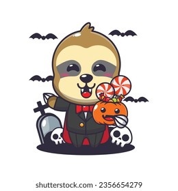 Vampire sloth holding halloween pumpkin. Cute halloween cartoon illustration. 