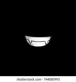 Vampire smile with white fangs isolated on black background. Vector illustration, clip art.