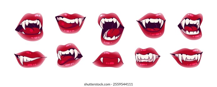 Vampire smiles set. Dracula character mouth with sharp fangs. Sexy red lips with tongue and teeth lick, bite. Halloween bloody monster jaws. Flat isolated vector illustrations on white background