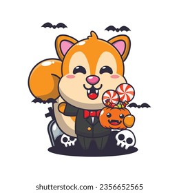 Vampire squirrel holding halloween pumpkin. Cute halloween cartoon illustration. 