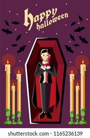 Vampire stand inside coffin on violent background with candle and bat decoration with happy halloween text, vector illustration in flat style