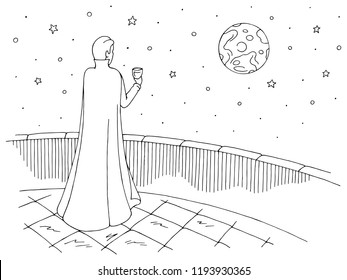 Vampire standing on the balcony, drinking from glass and looking at the moon graphic black white sketch illustration vector 