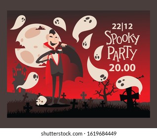Vampire style halloween party invitation, vector illustration. Spooky party announcement template, vampire Dracula cartoon character. Halloween night scene with haunted castle and old cemetery ghosts