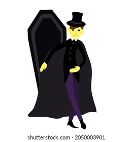A vampire in a suit, cloak and hat. Halloween illustration in cartoon childish style. The bloodsucker is very charming, smiles, behind a coffin.