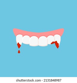 Vampire teeth in blood for Halloween. Vector illustration isolated on blue background.