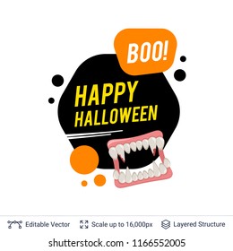 Vampire teeth and Halloween text. Bright cartoon label with editable copy space for holiday sales and parties.