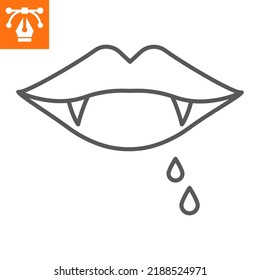 Icono de línea de dientes de vampiro, icono de estilo de contorno para sitio web o aplicación móvil, halloween y vacaciones, icono vectorial de los labios de vampiros, ilustración vectorial simple, gráficos vectoriales con trazos editables.