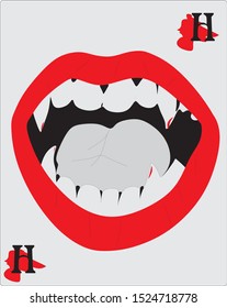  Vampire teeth with red lips on  gray background