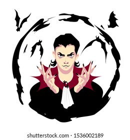 vampire vector illustration, flying bats and beautiful man in vampire costume with fangs and black nails