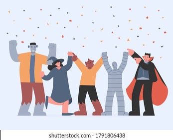 Vampire, werewolf, mummy, witch, and monster friend of them dancing with happiness in Halloween party with ribbon in the air. Fantasy celebration of devil group.