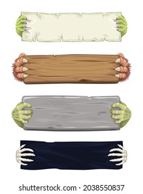 Vampire, werewolf, skeleton and zombie cartoon hands with banners and scrolls. Halloween monsters characters fingers with talons holding parchment scroll, wooden plank and stone plate, piece of fabric