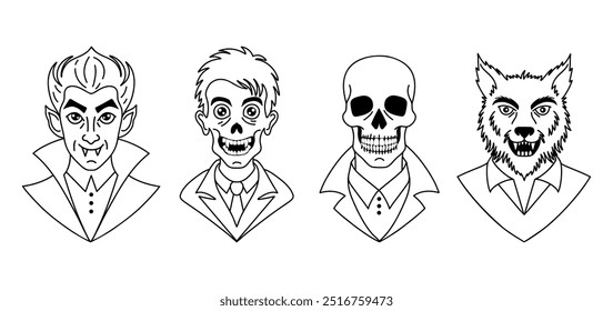 Retratos de vampiro, lobisomem, zumbi e esqueleto em estilo doodle.