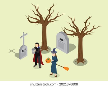 Vampire and witch at a graveyard 3d isometric vector concept for banner, website, illustration, landing page, flyer, etc.