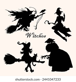 vampire witches or Halloween or bat horror movie or flying nocturnal or flying Bird cat crow. Witch on a broom and cat. Set of Halloween witches silhouettes