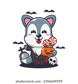 Vampire wolf holding halloween pumpkin. Cute halloween cartoon illustration. 