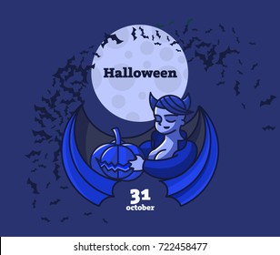 A vampire woman is holding a pumpkin. Vector illustration for Halloween Day.