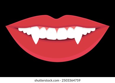 Vampire woman lips with fangs. Monster girl evil lips. Red female lips with long fangs. Vector illustration