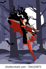 vampire woman monster flying in forest