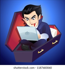 Vampire Working on Laptop in Coffin
