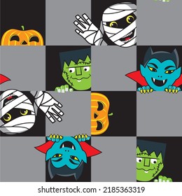 Vampire, zombie, mummy and pumpkin looks out of the square. Halloween seamless pattern illustration.