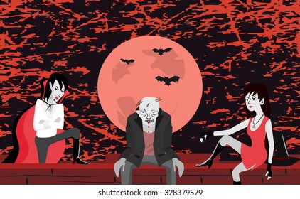 vampire, zombie and witch sitting on the wall at scaring night - funny cartoon